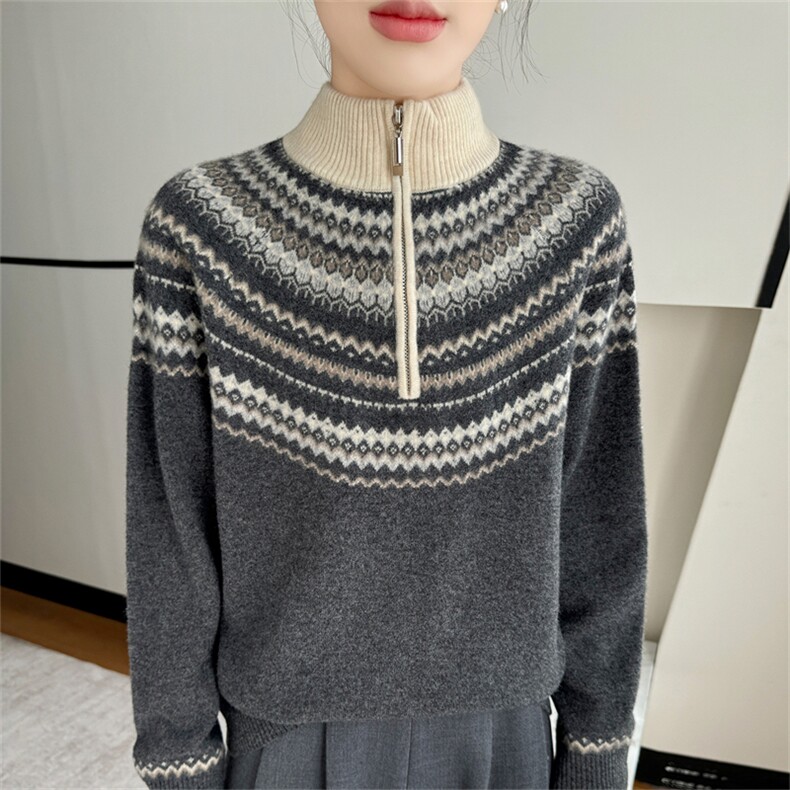 2025年秋季费尔岛拉链款时尚百搭通勤简约休闲，女装羊毛衫，暮绒羊羊绒