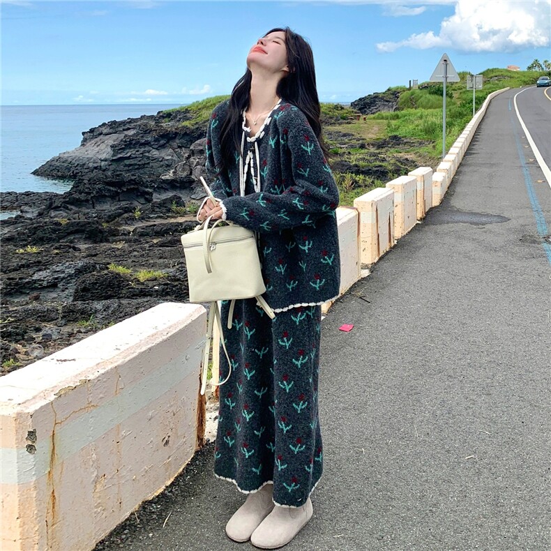 毛衣裙套装深灰色印花针织开衫裙子两件套秋，女装套装/套裙，浙宝160