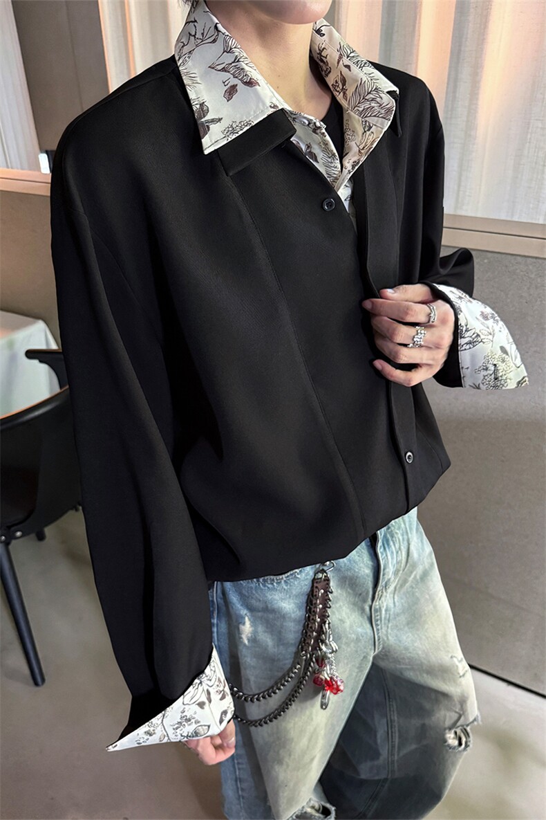 潮流休闲花卉印花领翻领假两件休闲长袖衬衫上衣男潮P55,男装衬衫,电商B319