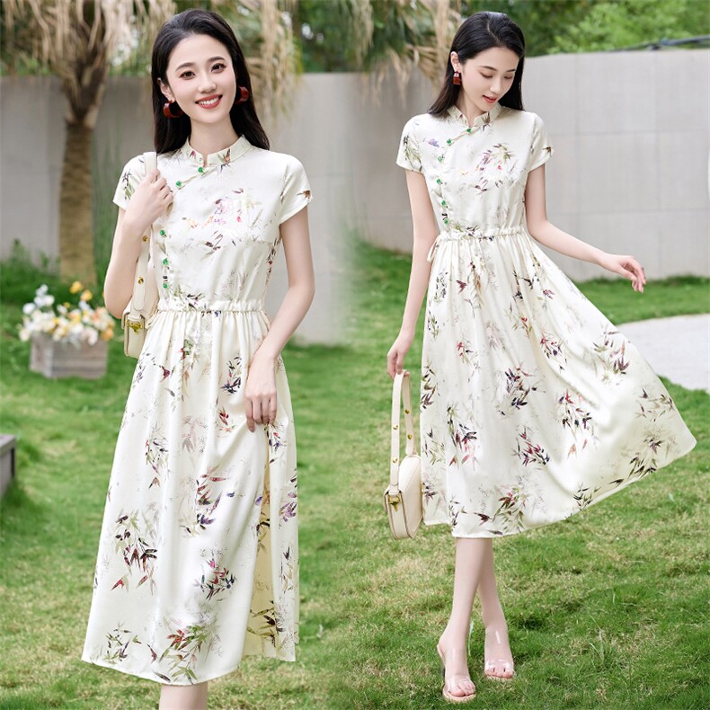 碎花复古旗袍裙子女2025年夏季新款气质修身显瘦高级感时尚连衣裙,女装连衣裙,琦鑫阁（原依鑫阁）