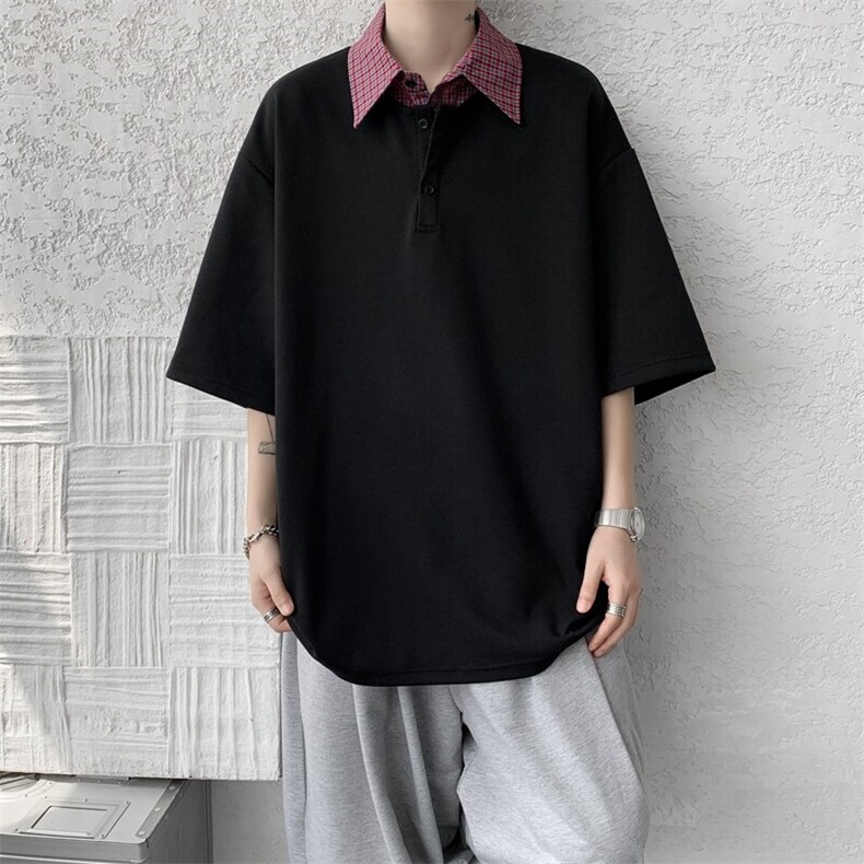 8XL-M格纹拼接假两件短袖t恤大码美式重磅polo翻领半袖DX1218/P48,男装T恤,电商B238