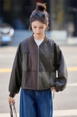 时尚个性拼接撞色皮衣外套PU女2025秋季新款短款上衣，女装短外套，余墨