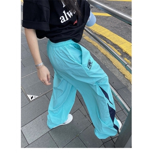 薄荷曼波风湖蓝色裤子夏季宽松阔腿hiphop街舞速干美式降落伞兵裤图片