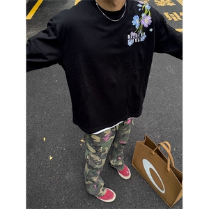 网图有货 情侣重工刺绣过肩花丛长袖休闲百搭纯棉T恤男女A950-P45图片