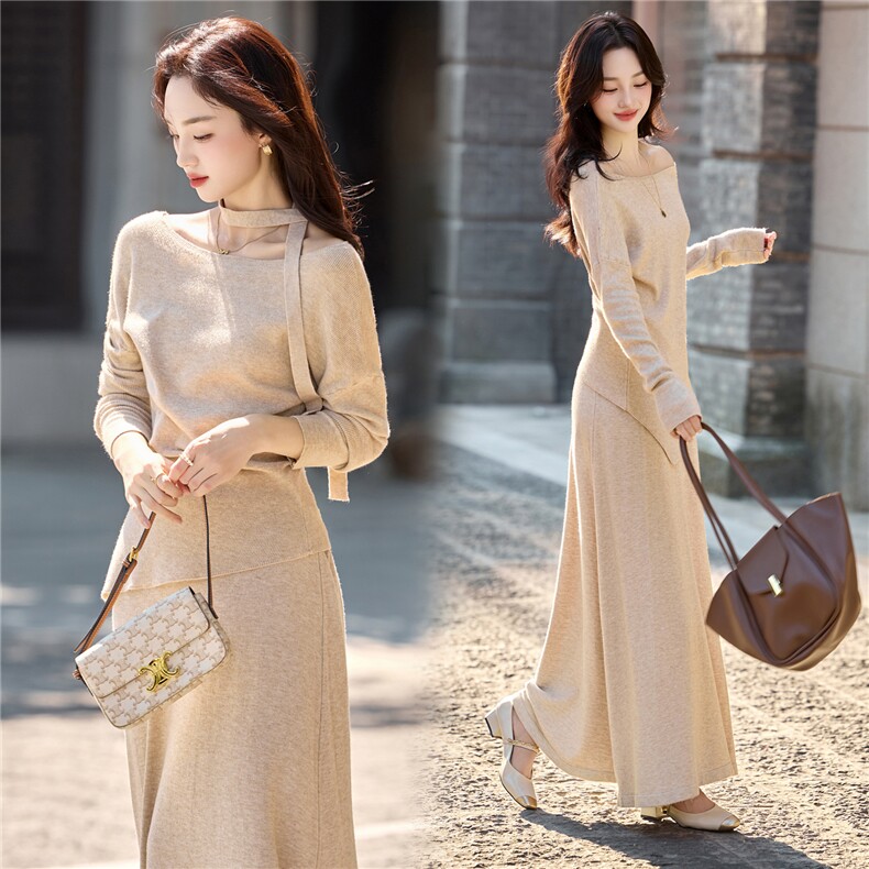 【现货】2025年秋季新款不规则下摆一字肩上衣A字半裙套装配领带，女装套装/套裙，辉煌依升