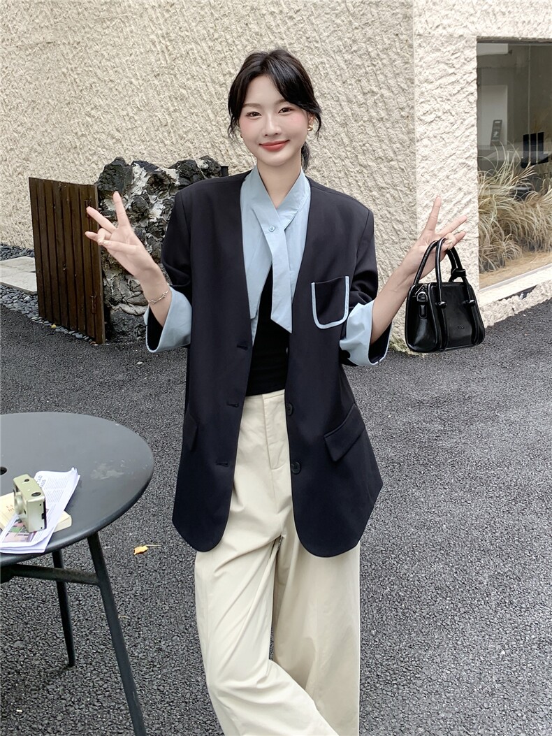 通勤拼接假两件短款西服上衣女春秋超火好看高级小众职业西装外套,女装西装,韩蜜菓