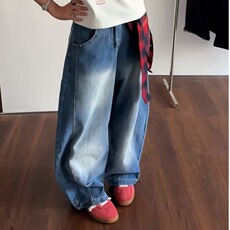格子裙摆弯刀牛仔裤女夏季新款复古宽松潮流阔腿拖地长裤子XX2218，男装牛仔裤，星座208-5