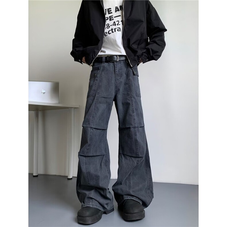 美式复古深灰色工装裤男秋季水洗做旧褶皱直筒高街微喇休闲长裤子，男装工装外套，星座813-3