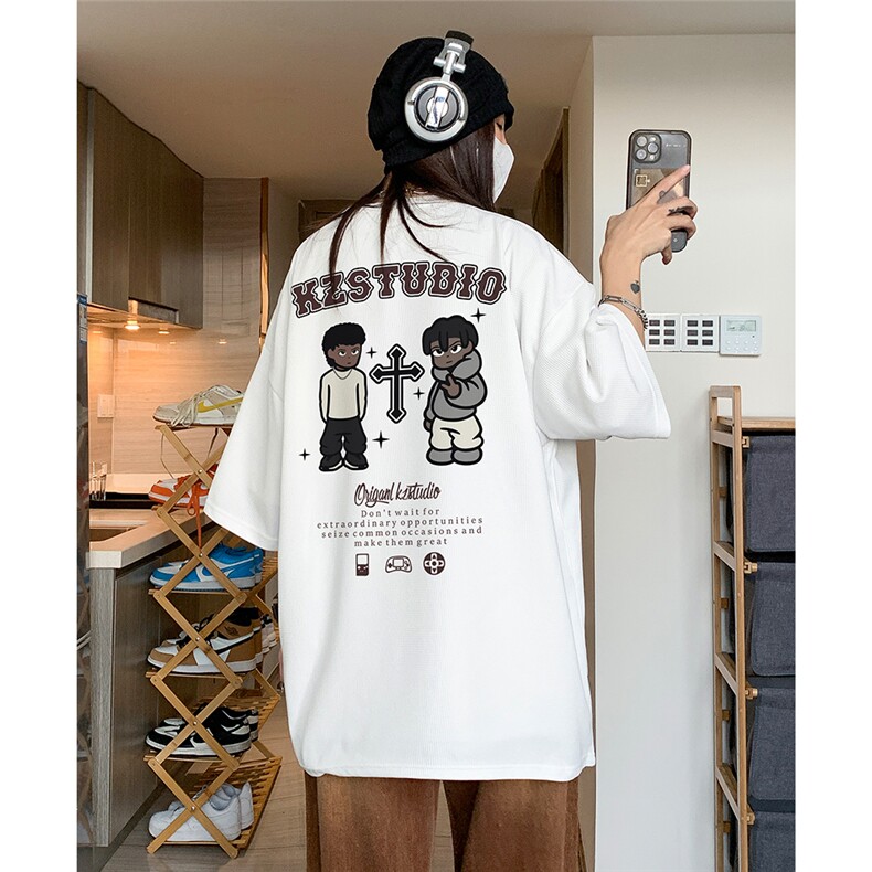 EQ244*230克华夫格短袖男女学院风卡通印花T恤港风ins潮流夏季，男装T恤，电商C306-1