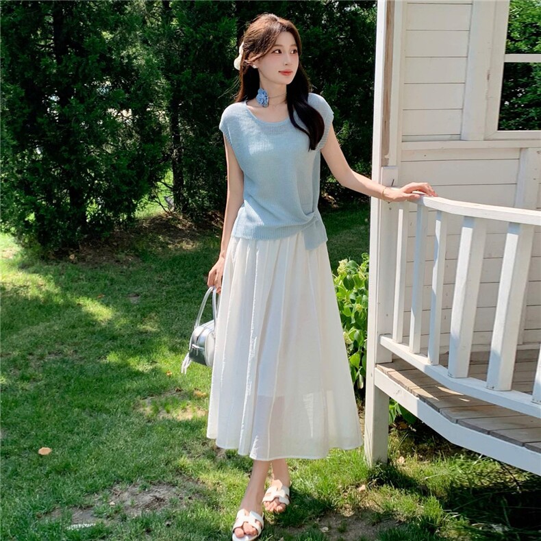 针织网纱半身裙女2026年夏季新款温柔慵懒风小个子韩版短袖两件套,女装套装/套裙,拾衣