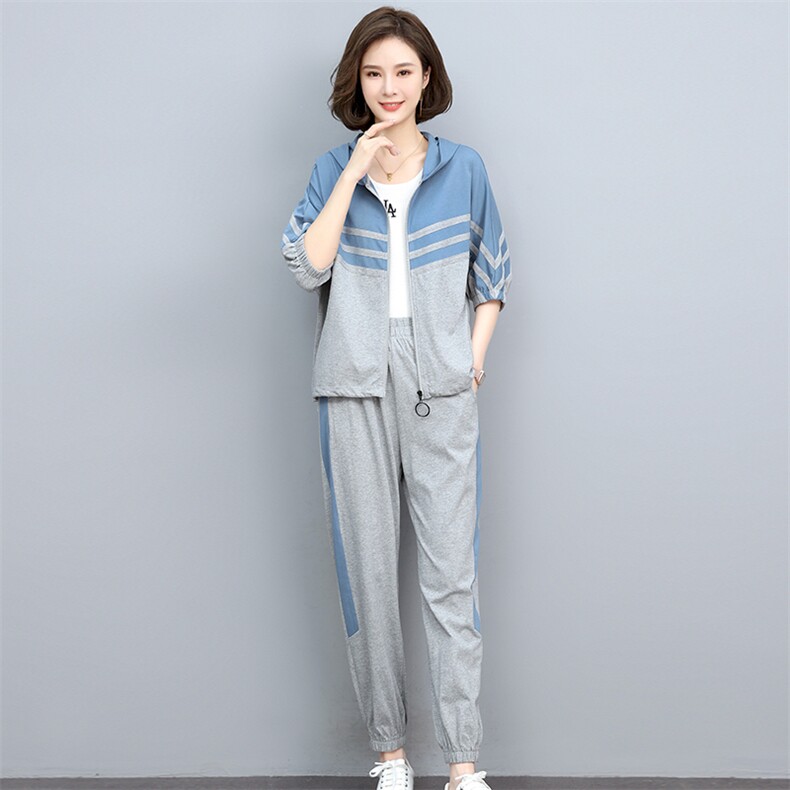 2024夏季新款简约时尚气质减龄连帽宽松休闲舒适套装,女装套装/套裙,独衣靓