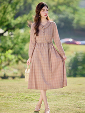 高端长袖格纹撞色连衣裙女2026春新款气质洋气减龄衬衫裙，女装连衣裙，水衣源