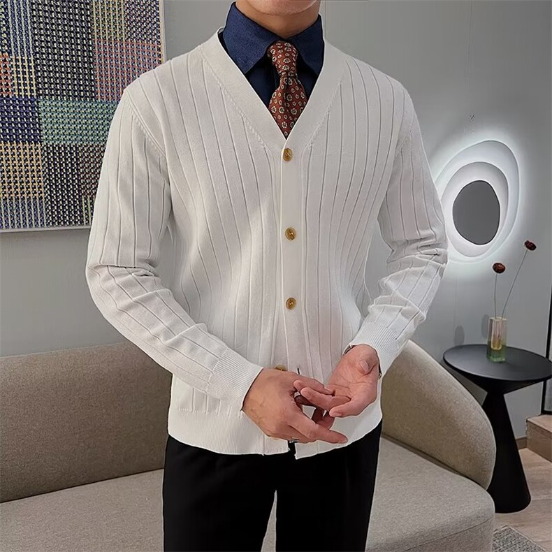 修身凹凸纽扣男开衫针织时尚简约条纹V领毛衣小外套潮M832,男装针织衫/毛衣,星座1116A-2（原606A-1）