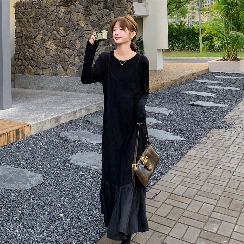 黑色高级感蕾丝拼接连衣裙女2025夏新款法式赫本风气质显瘦鱼尾裙,女装套装/套裙,2C316