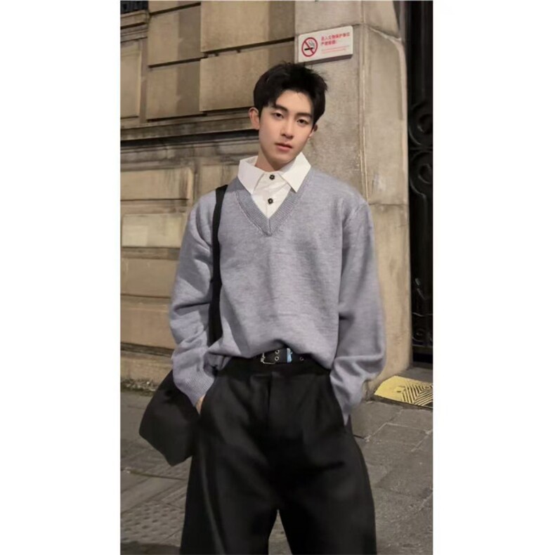 现货~高智感V领假两件polo氛围感高级老钱针织毛衣MY2576批68,男装针织衫/毛衣,星座1411A-6