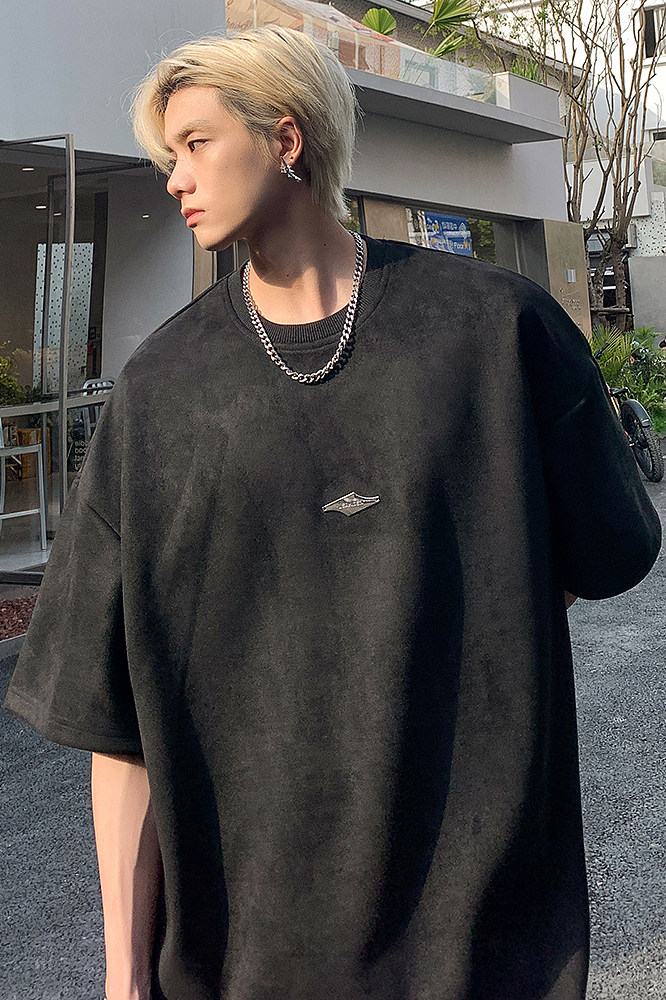 男生麂皮绒纯色重磅短袖潮简约金属标T恤jK23278-特p35-控48,男装T恤,星座605(原A050)