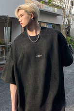 男生麂皮绒纯色重磅短袖潮简约金属标T恤jK23278-特p35-控48，男装T恤，星座605(原A050)
