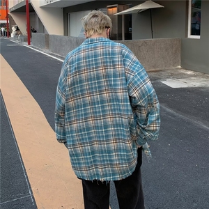 美式格子衬衫男长袖秋季潮牌痞帅高街外套oversize衬衣C1122-P45图片