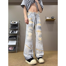 B221美式ins高街暗黑宽松直筒3D印花牛仔裤LK25441-特P50控88，男装牛仔裤，电商B221