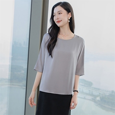 重磅圆领酒红真丝衬衫女五分袖2026春新款妈妈宽松大码真丝上衣，女装衬衫，阿舍尔精品