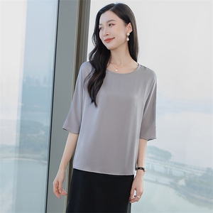 重磅圆领酒红真丝衬衫女五分袖2026春新款妈妈宽松大码真丝上衣图片
