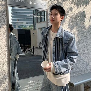 DJK8941-P78美式复古条纹拼接牛仔外套潮牌男牛仔夹克-网图现货图片