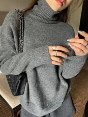 高领针织衫女加厚落肩秋冬宽松大码毛衣打底衫慵懒风，女装针织衫/毛衣，半城羊绒