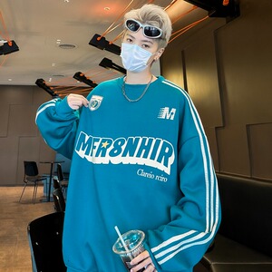 复古撞色三条杠卫衣男女春秋潮牌圆领oversize情侣上衣W119/P40图片