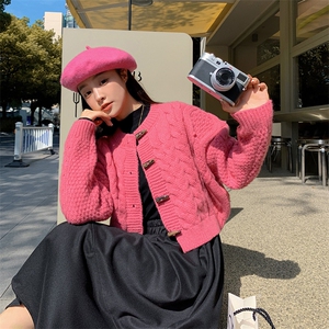 粉色针织开衫连衣裙套装女2024年秋季新款韩系甜美温柔长裙两件套图片