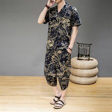 2021夏季中国风亚麻短袖套装男士七分裤两件套QT6005-TZ08-P65，男装套装，星座1112-5（原712-5）