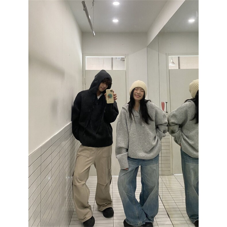美式连帽针织衫外套男秋季潮牌花灰色情侣毛衣高街慵懒风百搭上衣,男装针织衫/毛衣,星座516A