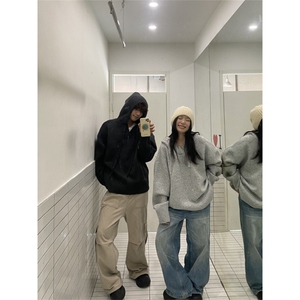 美式连帽针织衫外套男秋季潮牌花灰色情侣毛衣高街慵懒风百搭上衣