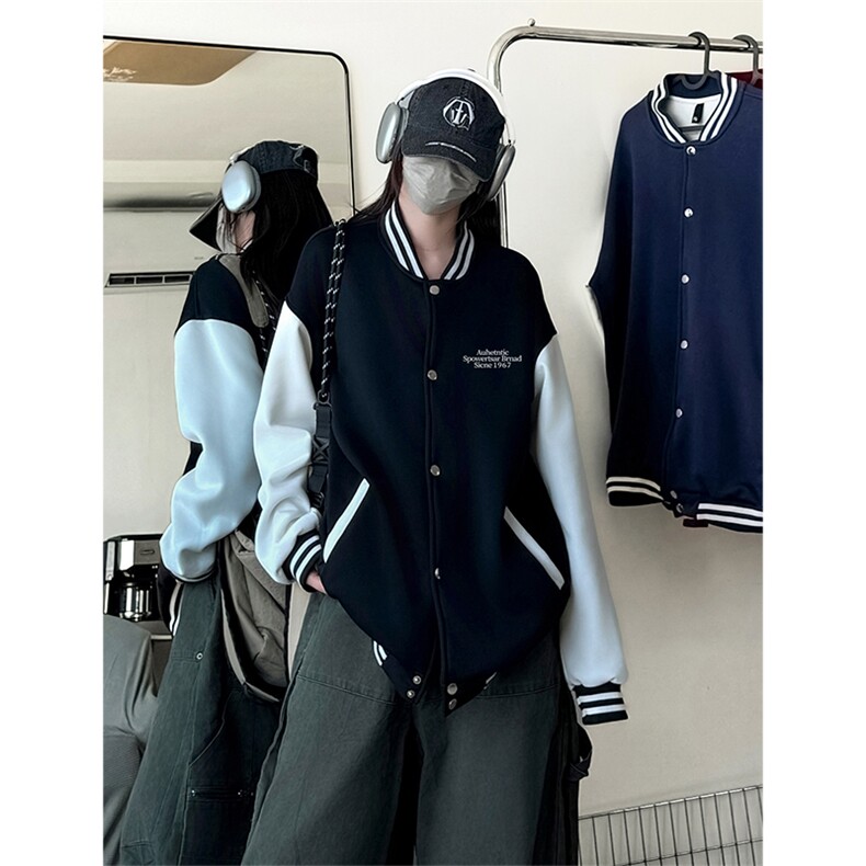 抖音得物高品质全棉380克潮立领棒球服开衫印花卫衣外套ACM1201,女装短外套,电商A443