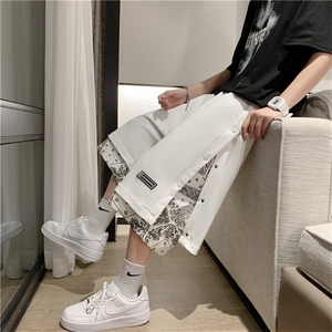 排扣运动短裤男夏季宽松拼接腰果花假两件休闲五分裤潮DK653-P28图片