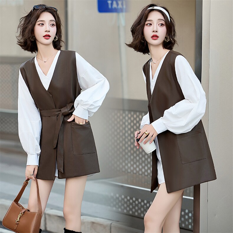 小香风网红PU皮马夹套装2026春秋新款时尚气质马甲衬衫两件套女潮，女装套装/套裙，冬木谷雨