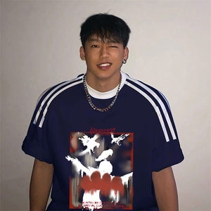 夏季美式高街重磅纯棉三条杠织带撞色男女短袖T恤ZD515-特P30图片