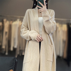 长袖口袋宽松垂感中长款针织开衫女羊毛毛衣外套"，女装羊毛衫，宋氏羊绒