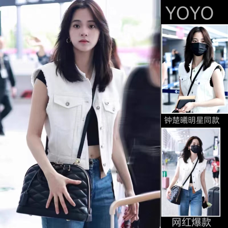 Ouyang Nana and Zhong Chuxi Celebrity-Style White Sleeveless Frayed Denim Vest for Women, Short Outerwear Jacket