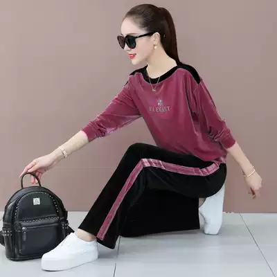 Foreign style golden velvet suit female 2021 Spring and Autumn new fashion wide leg pants European station leisure sportswear two-piece set