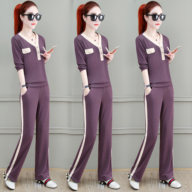 Sports Casual Suit Lady 2022 Spring Autumn Season New Foreign Pie's Slim Korean Version Fashion Broadlegged Pants Two Sets Eben
