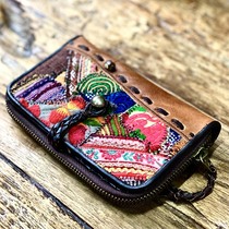 Domestic spot Thai handmade leather old embroidered cloth splicing retro bus carmen card bag Baye workshop
