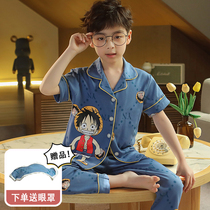 Boys pajamas children spring and autumn all cotton short sleeve trousers in the big childrens summer pure cotton boys home suit