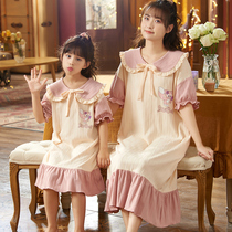 Parents and daughters Yangqing Han Edition summer cotton short sleeping dress childrens sleeping dress Lingnabel home suit