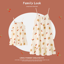 Mother and daughter hanging sleepy skirt Xia pure cotton pajamas girl cute princess wind dress childrens home clothes