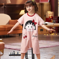 Childrens sleeping dress girl summer pure cotton short sleeve loose baby anti-kicking home dress girl in conjunction pajamas