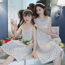 Girls sleepy dress summer pure cotton gauze thin Princess wind childrens pajamas short sleeve parent and childs home suit