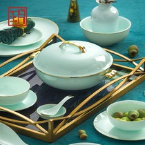 European celadon tableware set home combination retro ceramic bowl luxury nice-looking tableware set ins Wind