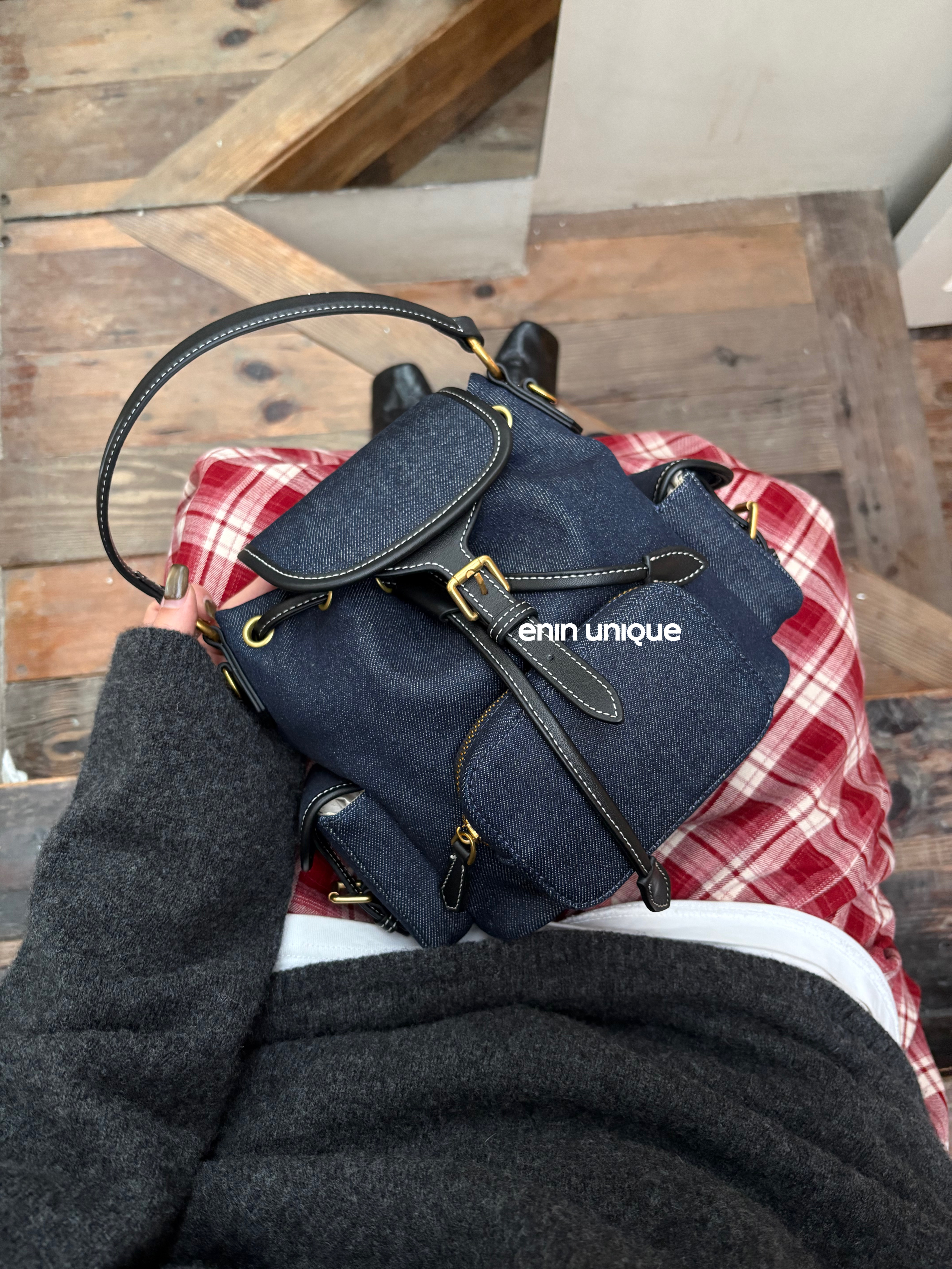 EDIN Unique Designer Cowhide Spliced Denim Backpack & Handbag Retro Preppy Style Fashion Casual Shoulder Bag - Thumbnail 5