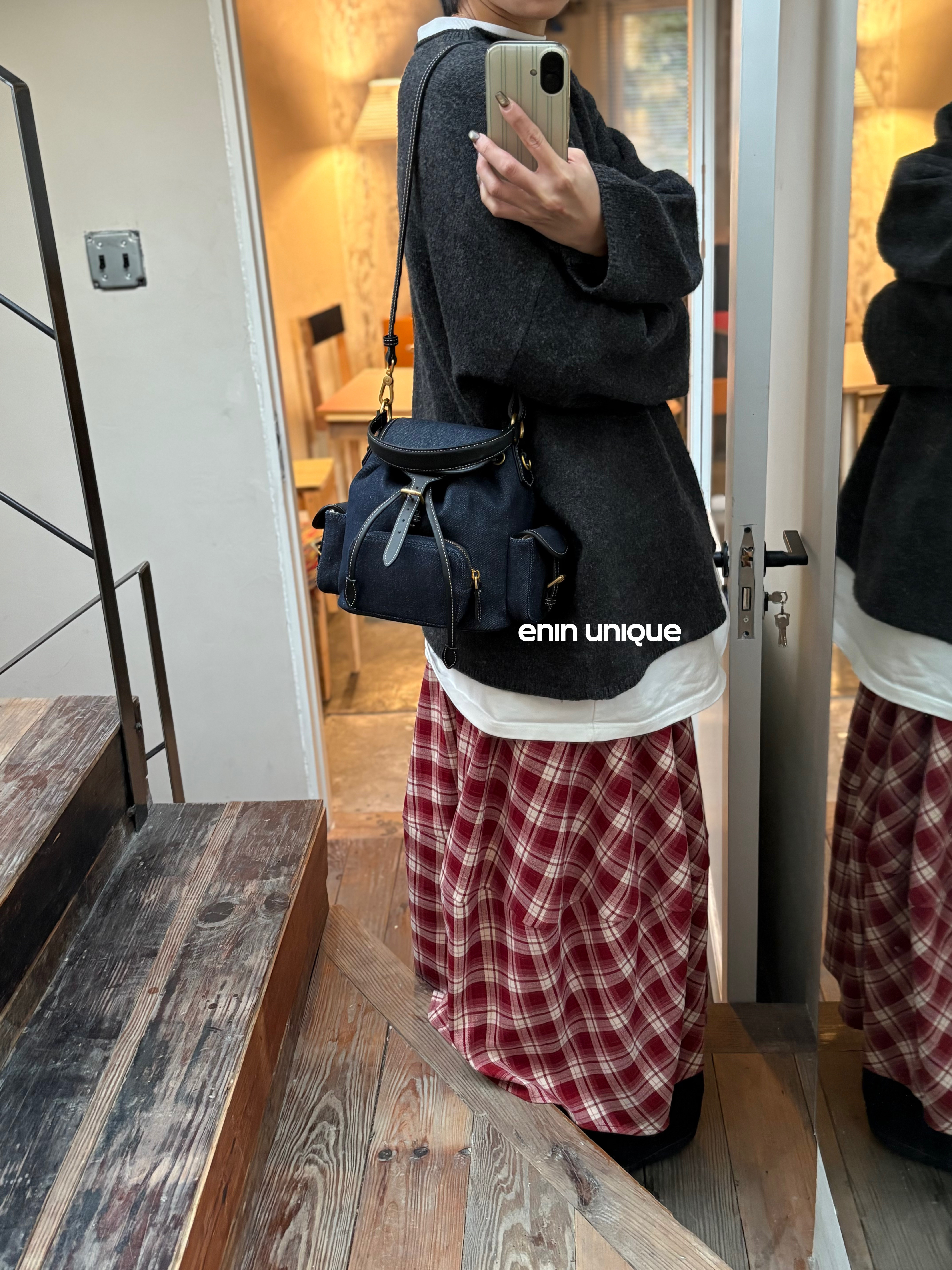 EDIN Unique Designer Cowhide Spliced Denim Backpack & Handbag Retro Preppy Style Fashion Casual Shoulder Bag - Thumbnail 3