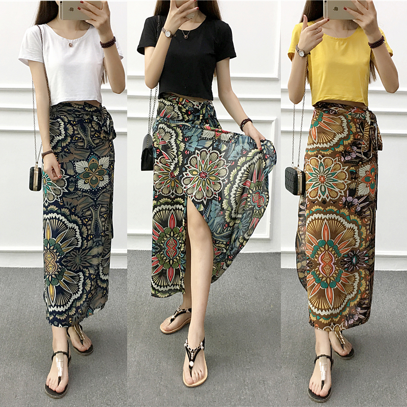 Summer New Bohemian Floral Mid-Length Skirt with Tie, One-Piece Beach Skirt, Wrap Skirt, Slit Long Skirt, Half Skirt